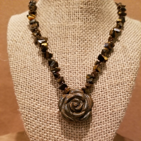 Jewelry - Jasper Carved Rose Pendant Necklace